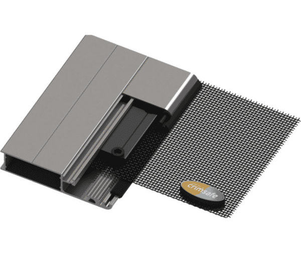 Close-up of Crimsafe security screen frame and stainless steel mesh system, showing the patented screw-clamp technology for superior strength and tamper resistance.