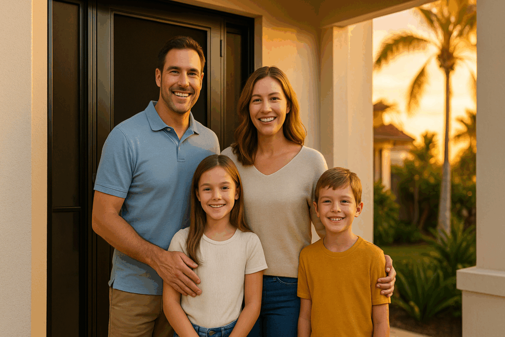 A smiling homeowner family standing at their front entryway fitted with modern Crimsafe security doors