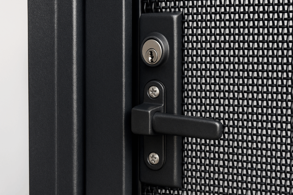 The Gold Standard in Security Doors: Gold Coast Security Screens 4 A detailed close-up of a Crimsafe security door showing the 316 marine-grade stainless steel mesh and the triple-lock hardware mechanism