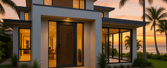 The Gold Standard in Security Doors: Gold Coast Security Screens 3 A luxurious modern coastal home on the Gold Coast at sunset, featuring a sleek Crimsafe security door with marine-grade stainless steel mesh