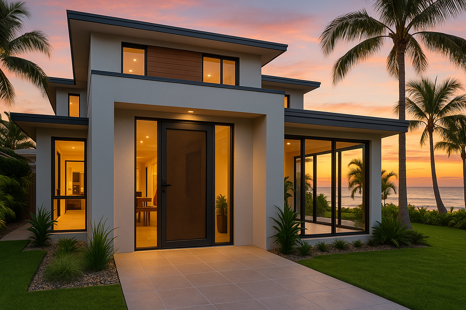The Gold Standard in Security Doors: Gold Coast Security Screens 3 A luxurious modern coastal home on the Gold Coast at sunset, featuring a sleek Crimsafe security door with marine-grade stainless steel mesh