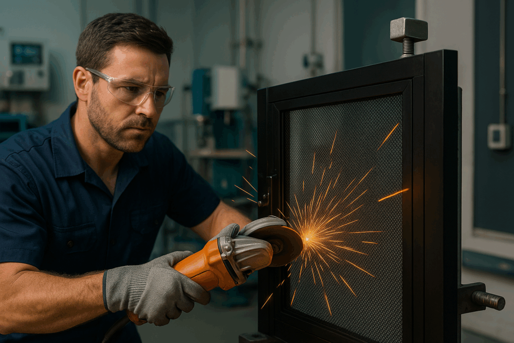 technician in a testing facility performing impact and corrosion tests on a Crimsafe-style stainless steel mesh security door