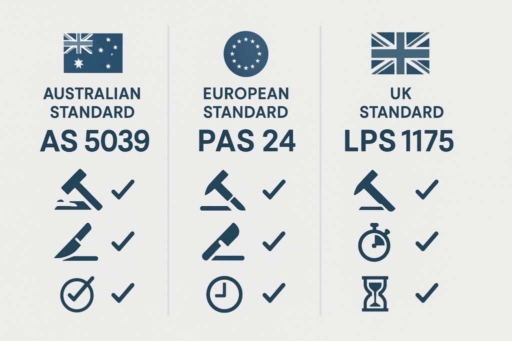 Clean infographic visual comparing global security standards (AS 5039, PAS 24, LPS 1175)