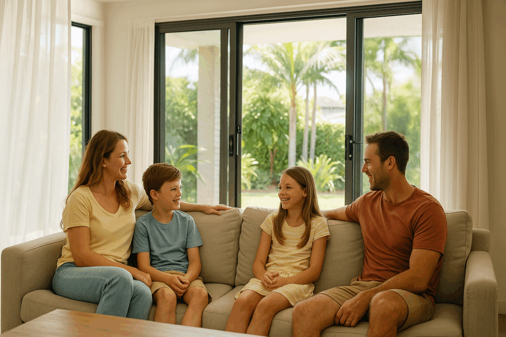 The Gold Standard in Security Doors: Gold Coast Security Screens 5 A relaxed Australian family sitting in a bright, airy living room with large open Crimsafe security doors letting in coastal light and fresh breeze