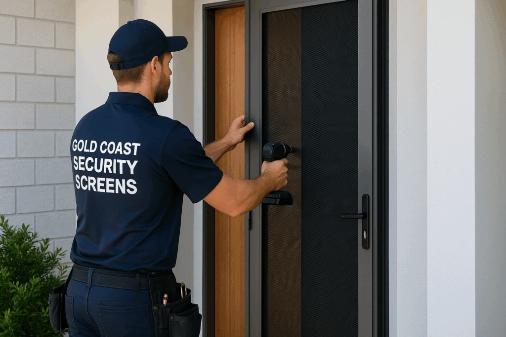 The Gold Standard in Security Doors: Gold Coast Security Screens 6 A professional installer fitting a Crimsafe security door onto a modern home entryway