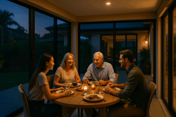 Outdoor Living & Safety: Security Screens for Patios and Alfresco Spaces on the Gold Coast 6 Family enjoying dinner on a secure screened alfresco patio at dusk.