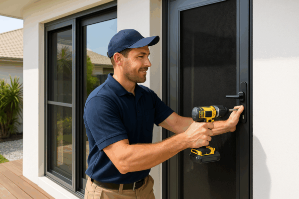 Outdoor Living & Safety: Security Screens for Patios and Alfresco Spaces on the Gold Coast 5 Licensed installer fitting a Crimsafe security door at a modern Gold Coast home.