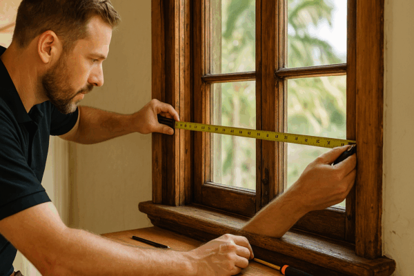 Technician measuring an old timber window frame to retrofit a modern security screen.