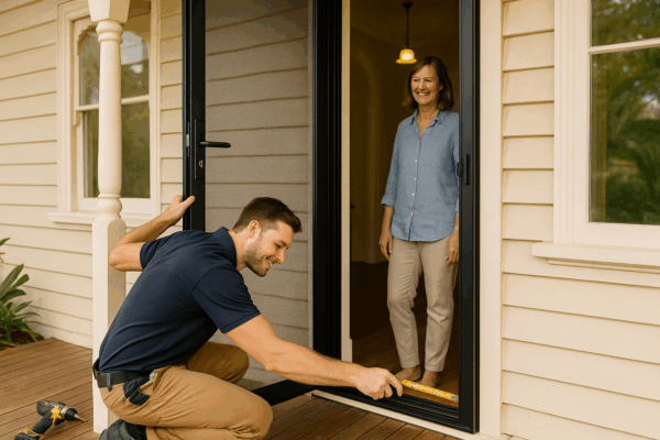 Installer fitting a security screen onto an older home’s doorway while a homeowner looks on.
