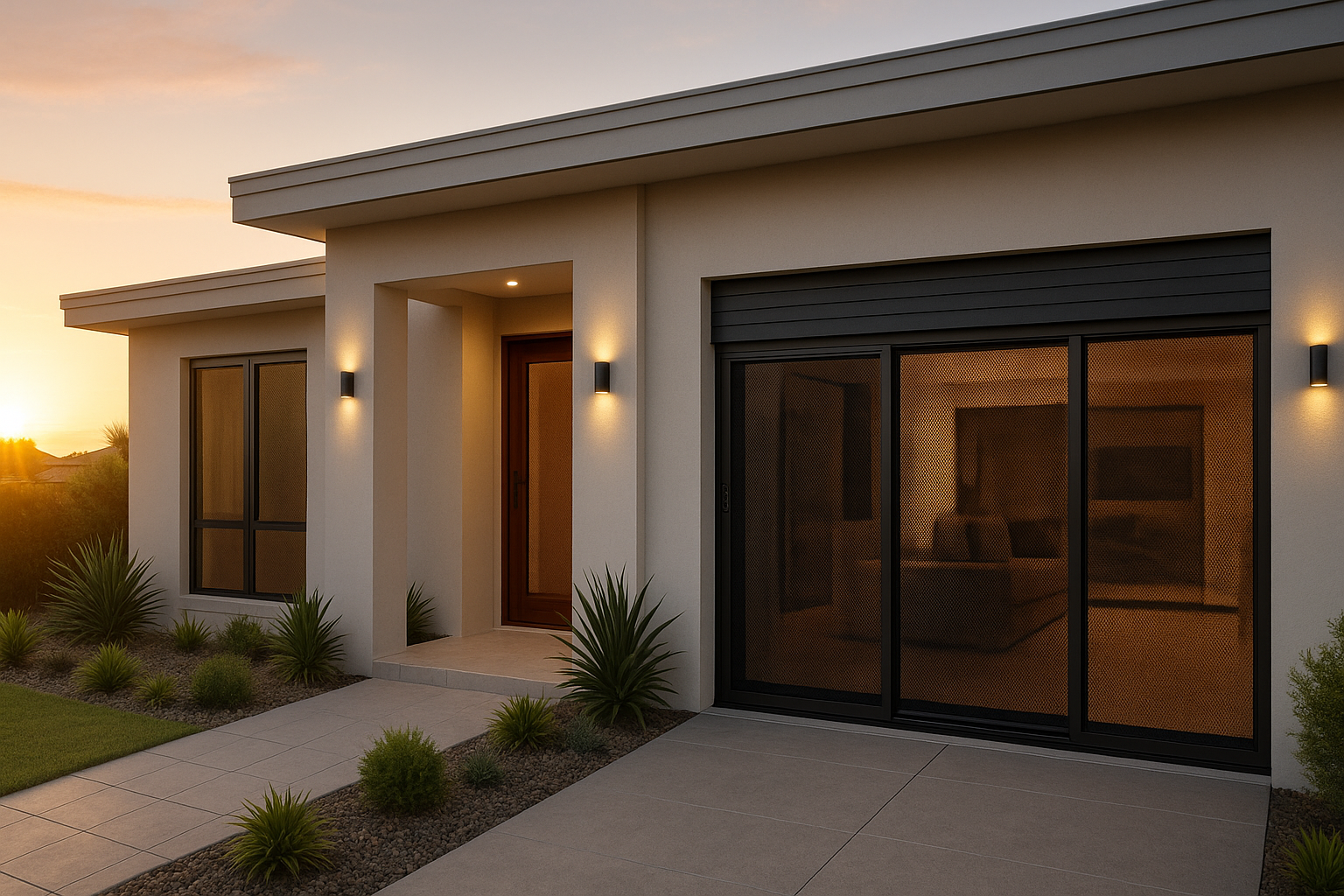 Modern Gold Coast home with stylish stainless steel security screens installed on doors and windows.