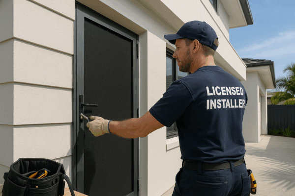 How to Choose Between Mesh Types: The Ultimate Security Screens Gold Coast Comparison Guide 5 A trained installer aligning and securing a stainless steel security door during a professional installation at a modern home.