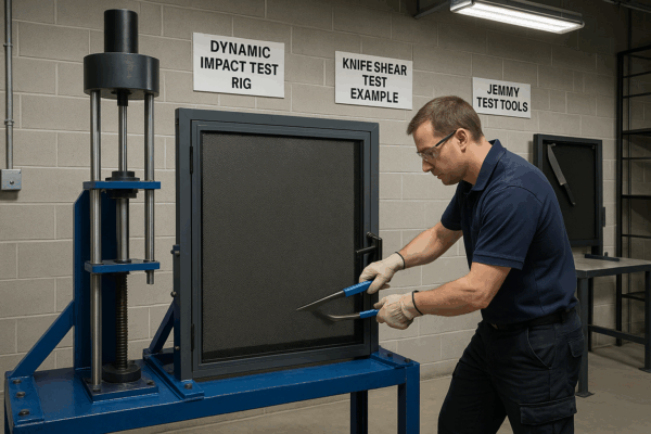 How to Choose Between Mesh Types: The Ultimate Security Screens Gold Coast Comparison Guide 4 Technician performing official security screen strength tests including impact and knife shear assessments in a controlled testing environment.