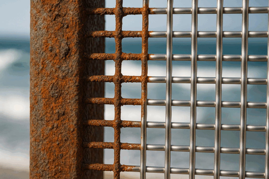 Coastal salt-air corrosion affecting a low-quality screen contrasted with a clean marine-grade stainless steel mesh.