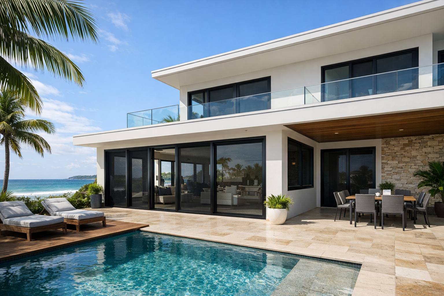 Modern Gold Coast home featuring discreet security screens on doors and windows, blending coastal style with home protection.