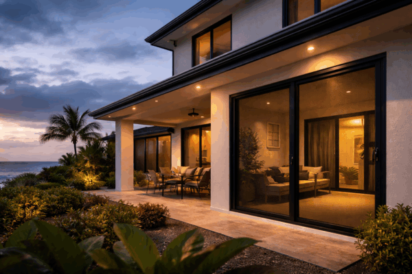 Stylish Gold Coast home at dusk secured with Crimsafe security screens for peace of mind.