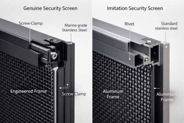 Side-by-side comparison of genuine security screen engineering versus imitation screen using rivets and basic fixings.