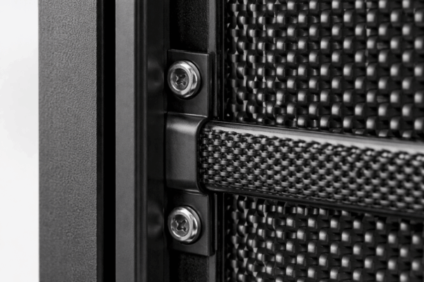 Close-up of genuine Crimsafe stainless steel mesh secured using the Screw-Clamp fastening system.