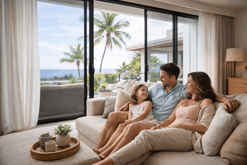 Family enjoying fresh air through open sliding doors protected by security screens.