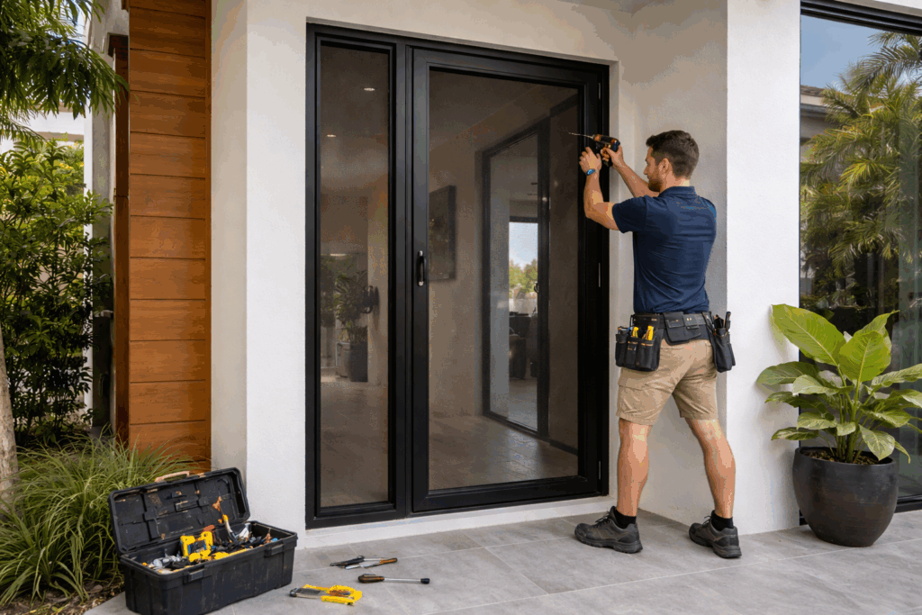 Crimsafe on the Gold Coast: When It Makes Sense and When It Doesn’t 6 Professional installer fitting a security screen door at a residential property.