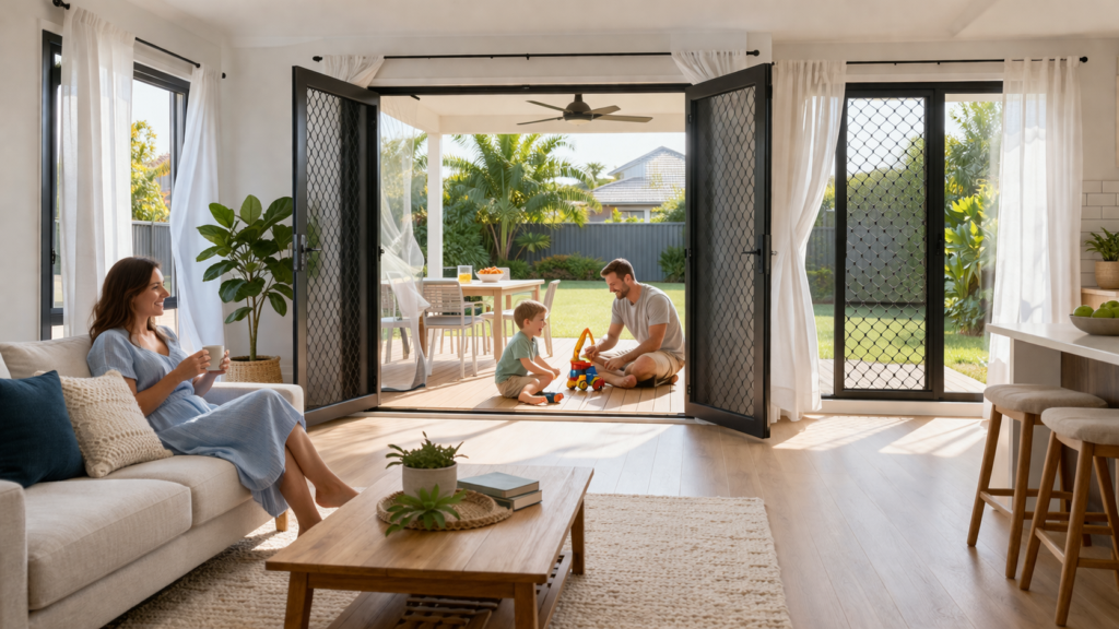 What Actually Happens During a Break-In When Crimsafe Is Installed 6 Family enjoying a bright home with open doors and secure screens providing airflow and protection.