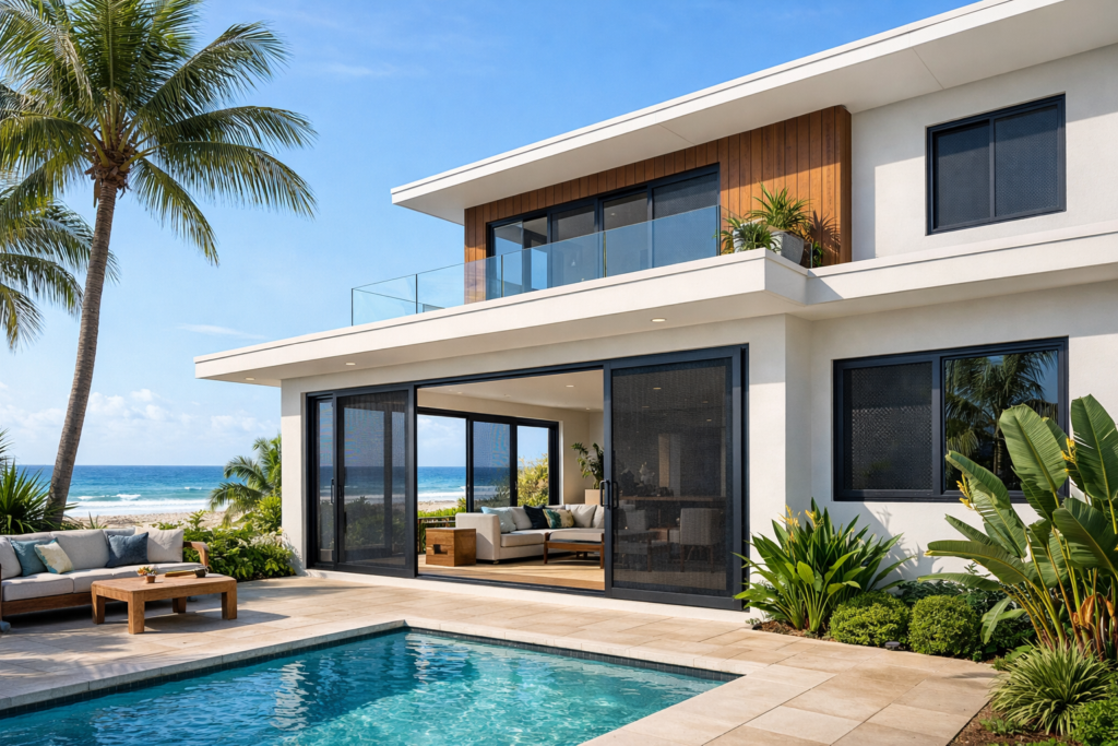 Crimsafe Security Screens Palm Beach 3 Modern Palm Beach coastal home with sleek Crimsafe security screens installed on windows and doors.