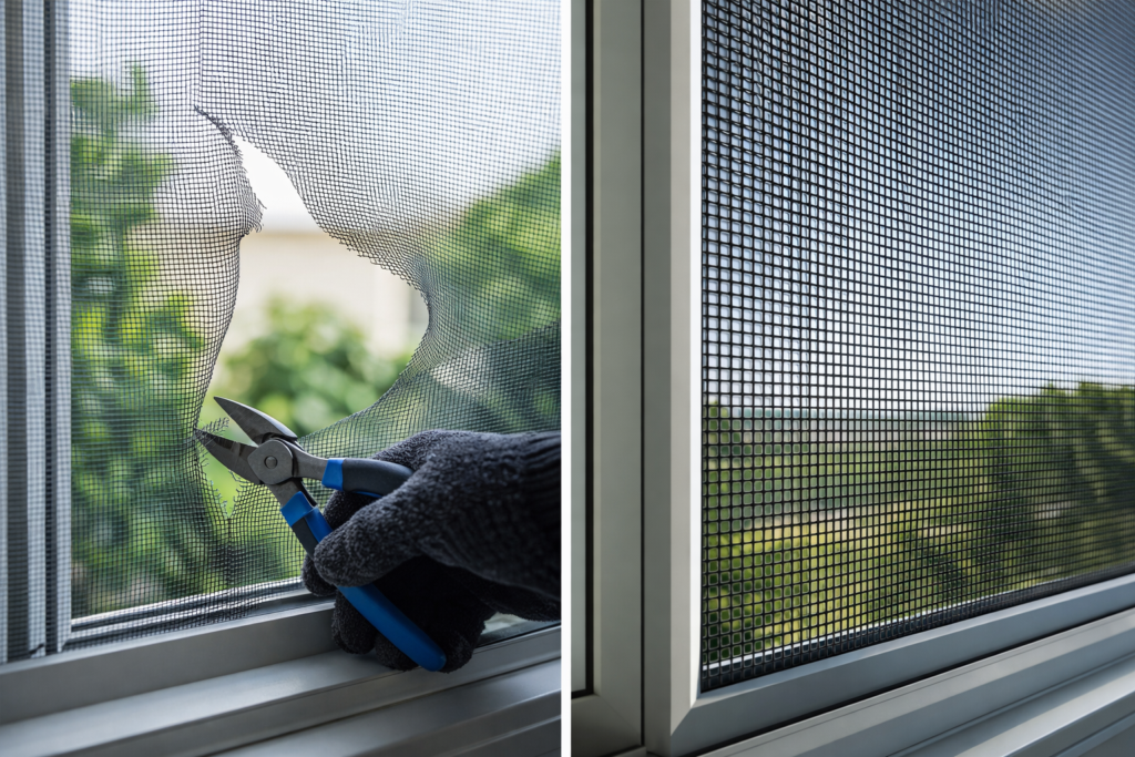 Side-by-side comparison of a weak flyscreen being cut and a durable security screen resisting damage.