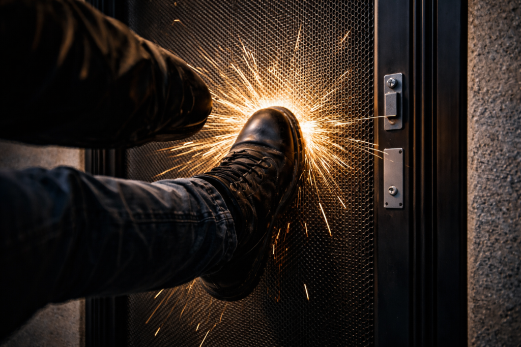 What Actually Happens During a Break-In When Crimsafe Is Installed 4 Close-up of a security screen resisting a strong impact without bending or breaking.