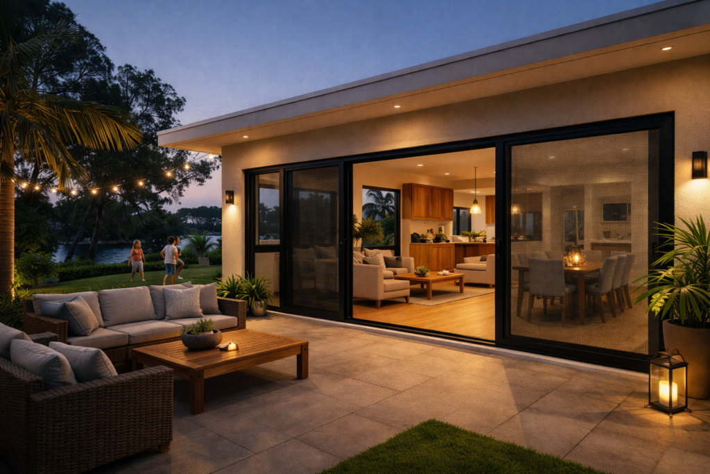 Outdoor patio entertaining area secured with Crimsafe screens while maintaining an open and welcoming space.