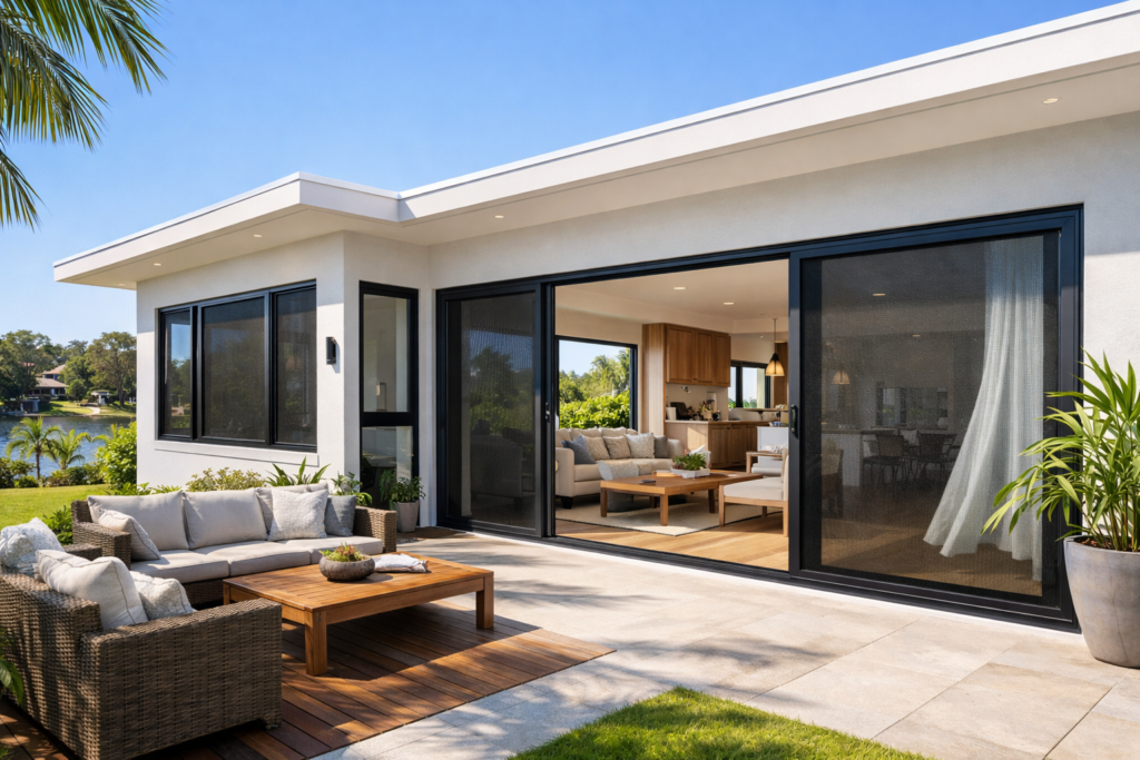 Modern coastal home in Burleigh Waters featuring Crimsafe security screens on sliding doors and windows with open patio and natural light.