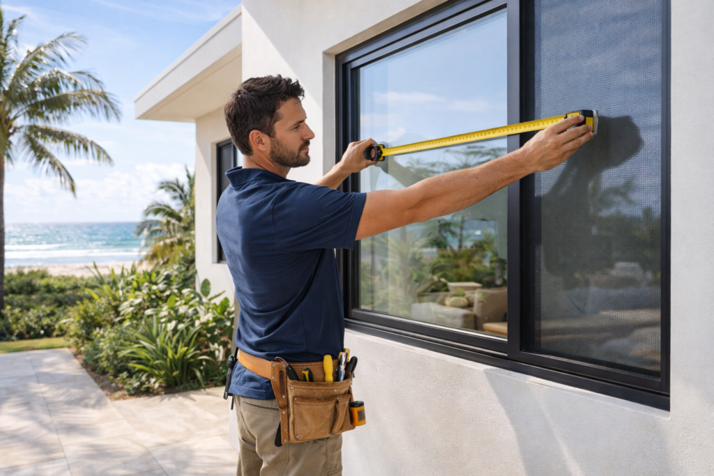 Crimsafe Security Screens Palm Beach 5 Installer measuring a window to prepare a custom Crimsafe security screen installation.