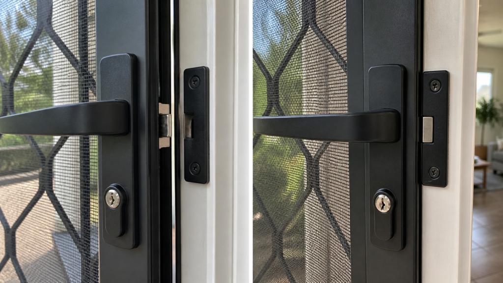 Close-up comparison of poor and correct security screen lock alignment.