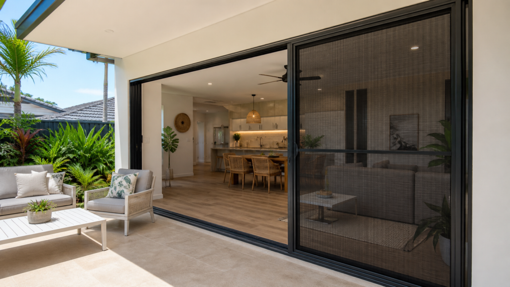 Why Security Screens Fail: How Proper Installation Prevents It 6 Large Gold Coast patio door protected by a modern security screen.