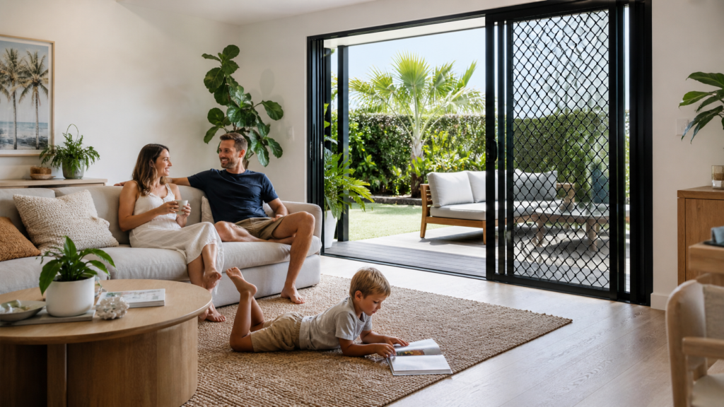 Family enjoying fresh air through a secure screen door.